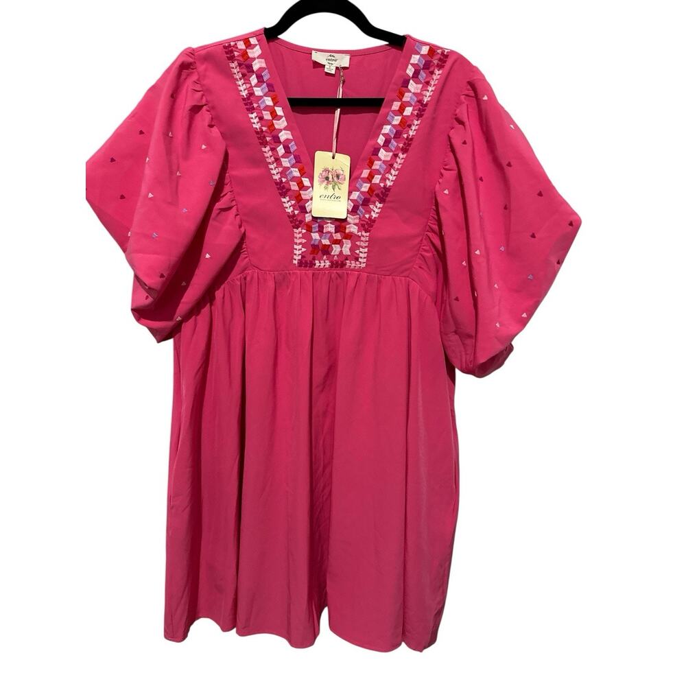 ENTRO BUBBLE SLEEVE DRESS Embroidered Size S Hot Pink - Picture 2 of 7